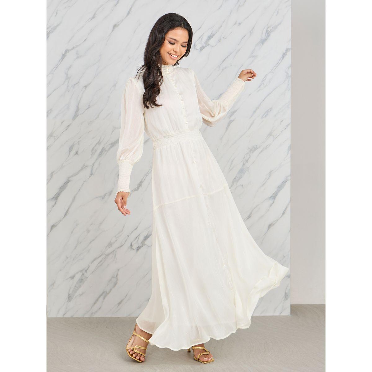 فستان طويل مخطط بنسيج لوريكس وياقة عالية-women-clothing-dresses-image-1