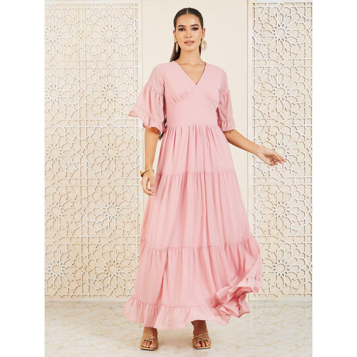 فستان طويل مزين بكسرات مع اكمام شفافة-women-clothing-dresses-image-1