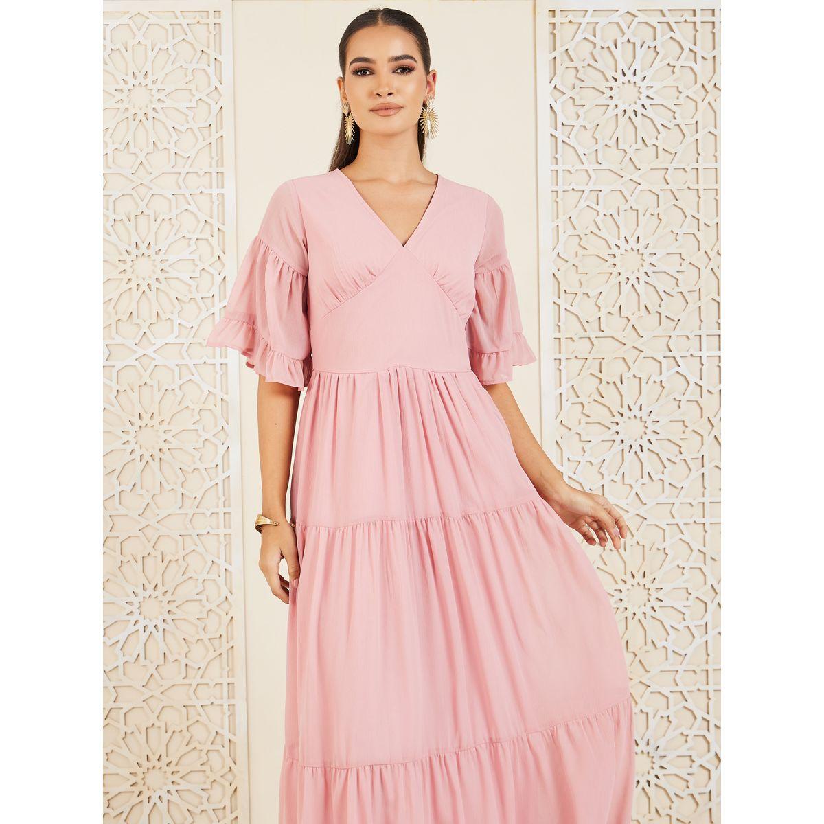 فستان طويل مزين بكسرات مع اكمام شفافة-women-clothing-dresses-image-2