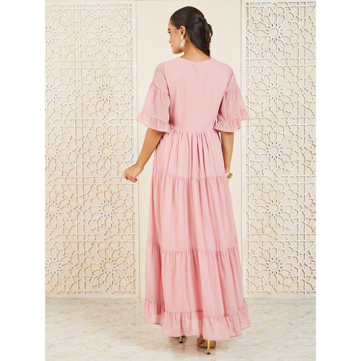 فستان طويل مزين بكسرات مع اكمام شفافة-women-clothing-dresses-image-4