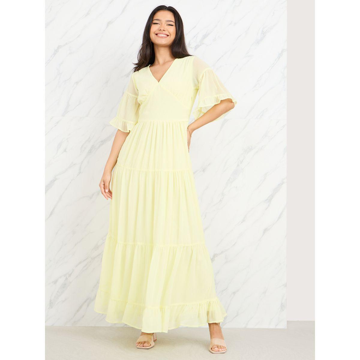 Styli Gathered Detail Sheer Sleeves Tiered Maxi Dress-women-clothing-dresses-image-1