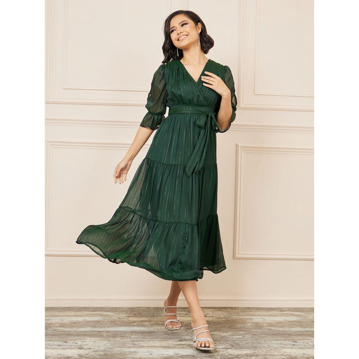Styli Lurex Striped Chiffon Tiered Midi Dress with Self Tie Up-women-clothing-dresses-image-1