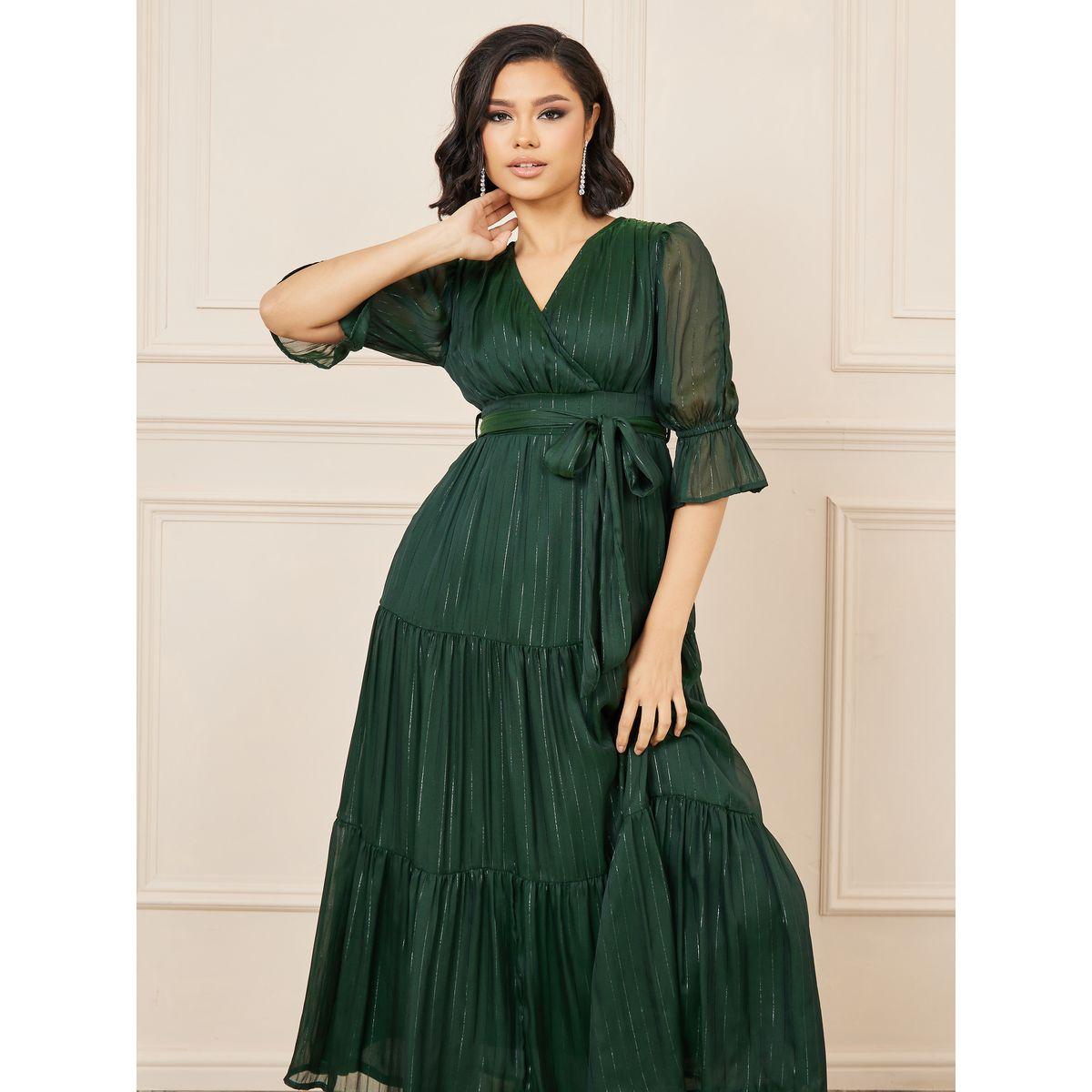 Styli Lurex Striped Chiffon Tiered Midi Dress with Self Tie Up-women-clothing-dresses-image-2