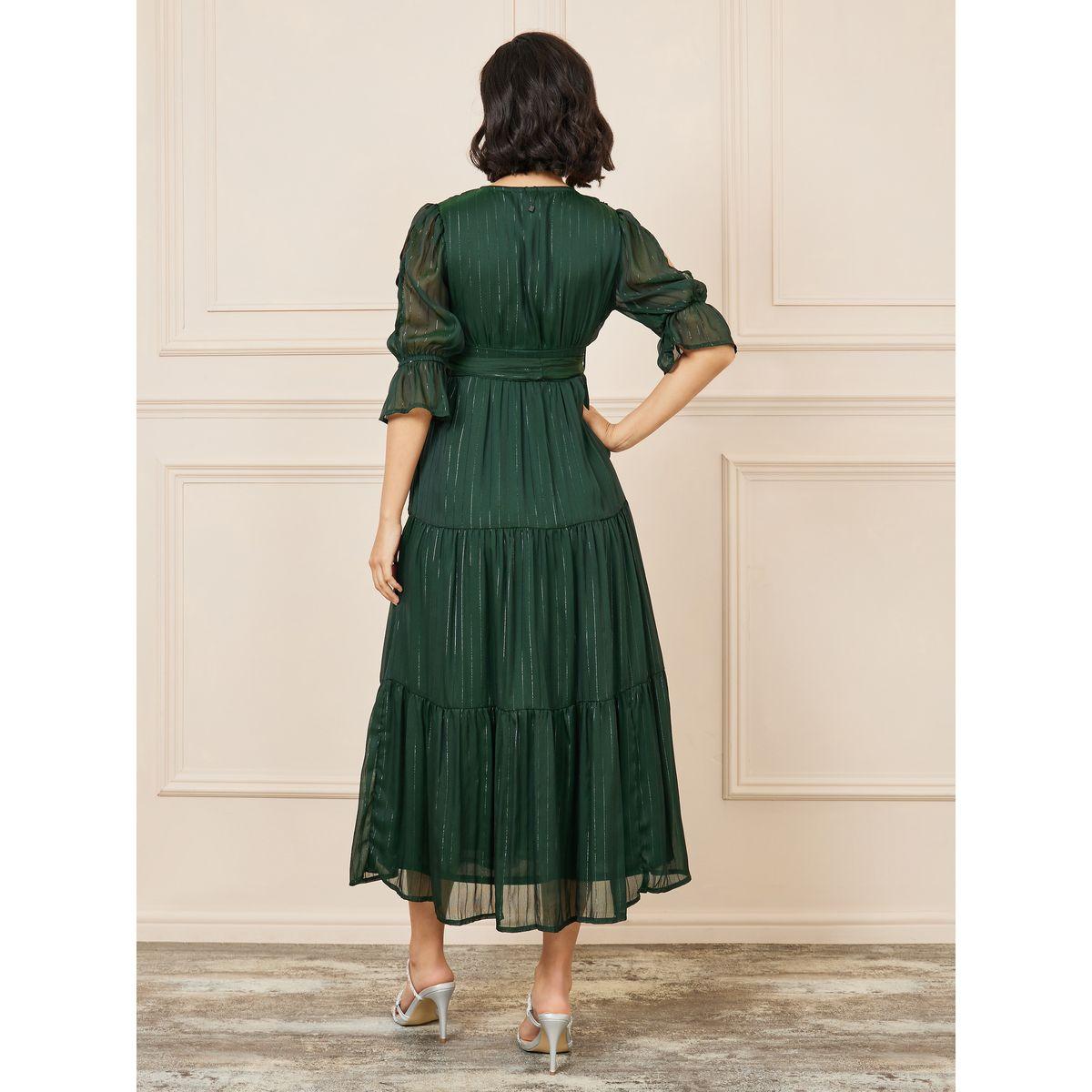 Styli Lurex Striped Chiffon Tiered Midi Dress with Self Tie Up-women-clothing-dresses-image-4
