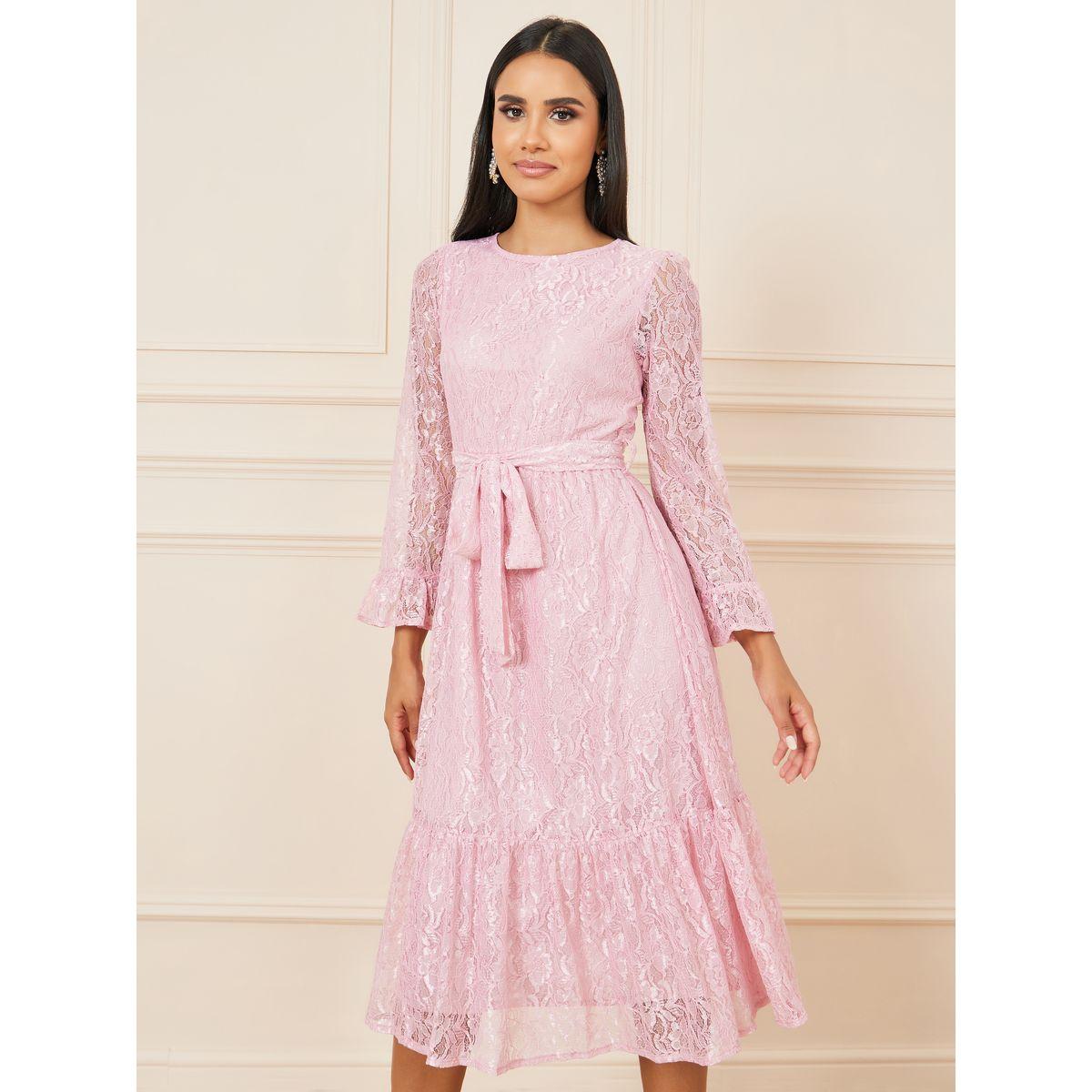 فستان ميدي بتفاصيل دانتيل ورباط خصر-women-clothing-dresses-image-2