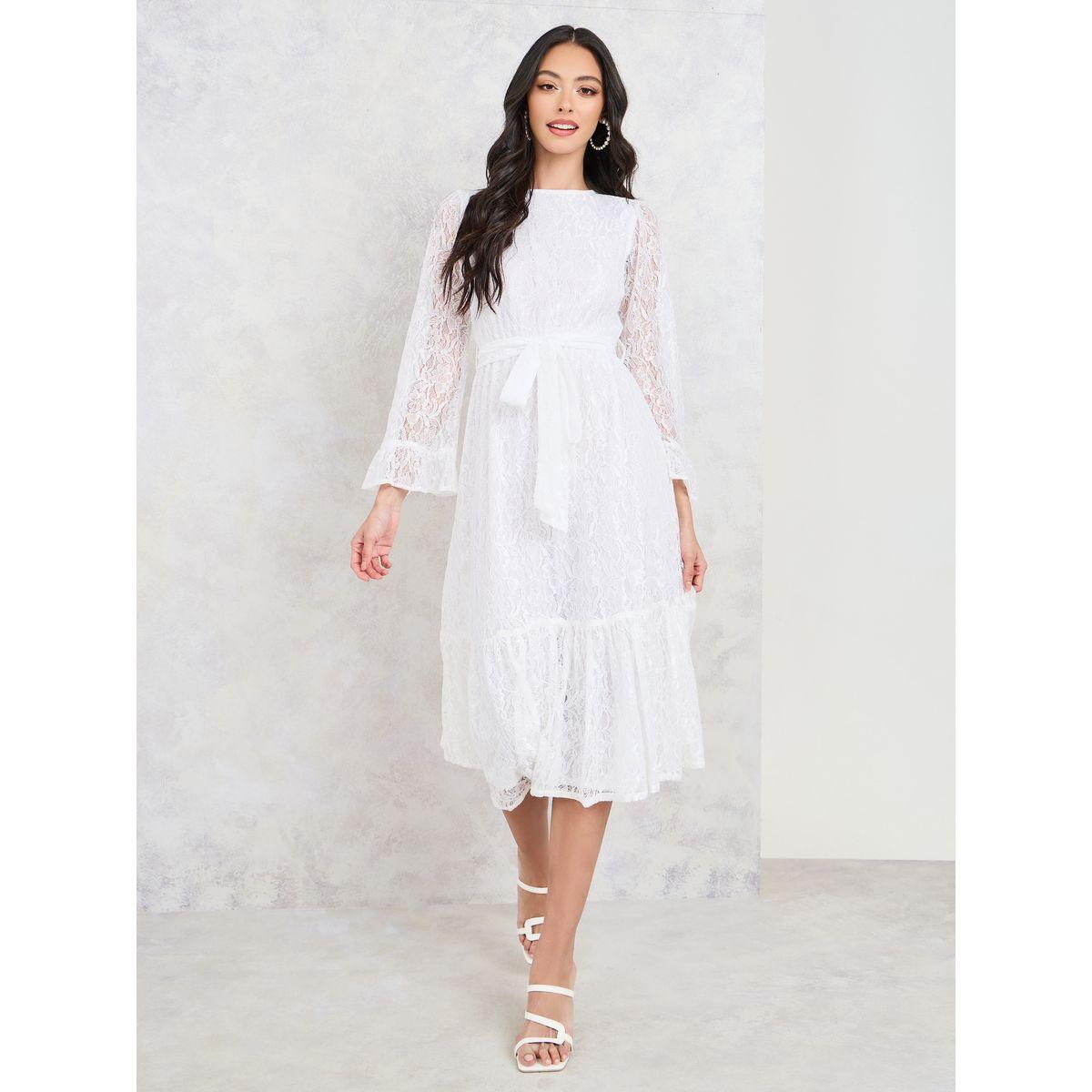 Styli All Over Lace A-Line Midi Dress with Self Tie Up-women-clothing-dresses-image-2