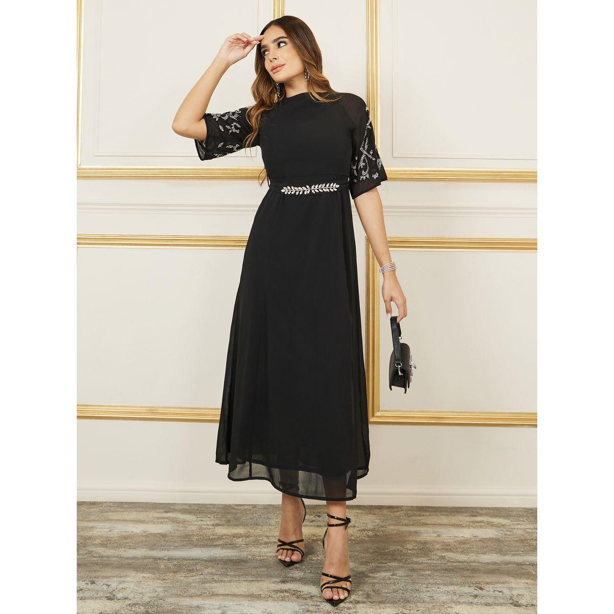 فستان طويل مزين بالخرز مع رباط خصر-women-clothing-dresses-image-1