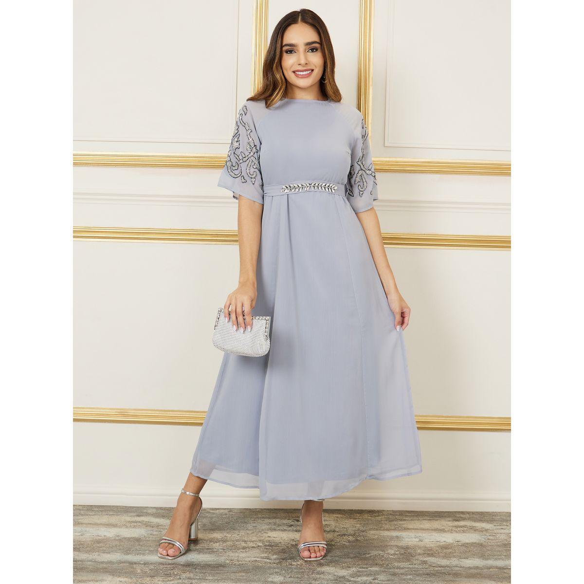 Styli Beaded Detail Sleeves Embellished Tie Up Belt Maxi Dress-women-clothing-dresses-image-1