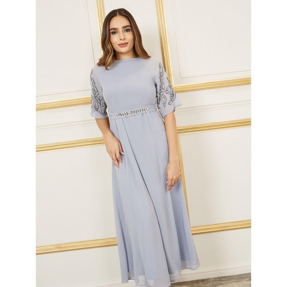 Styli Beaded Detail Sleeves Embellished Tie Up Belt Maxi Dress-women-clothing-dresses-image-2