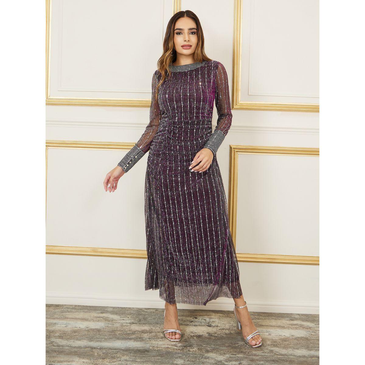 فستان طويل منمق مع تفاصيل براقة-women-clothing-dresses-image-1