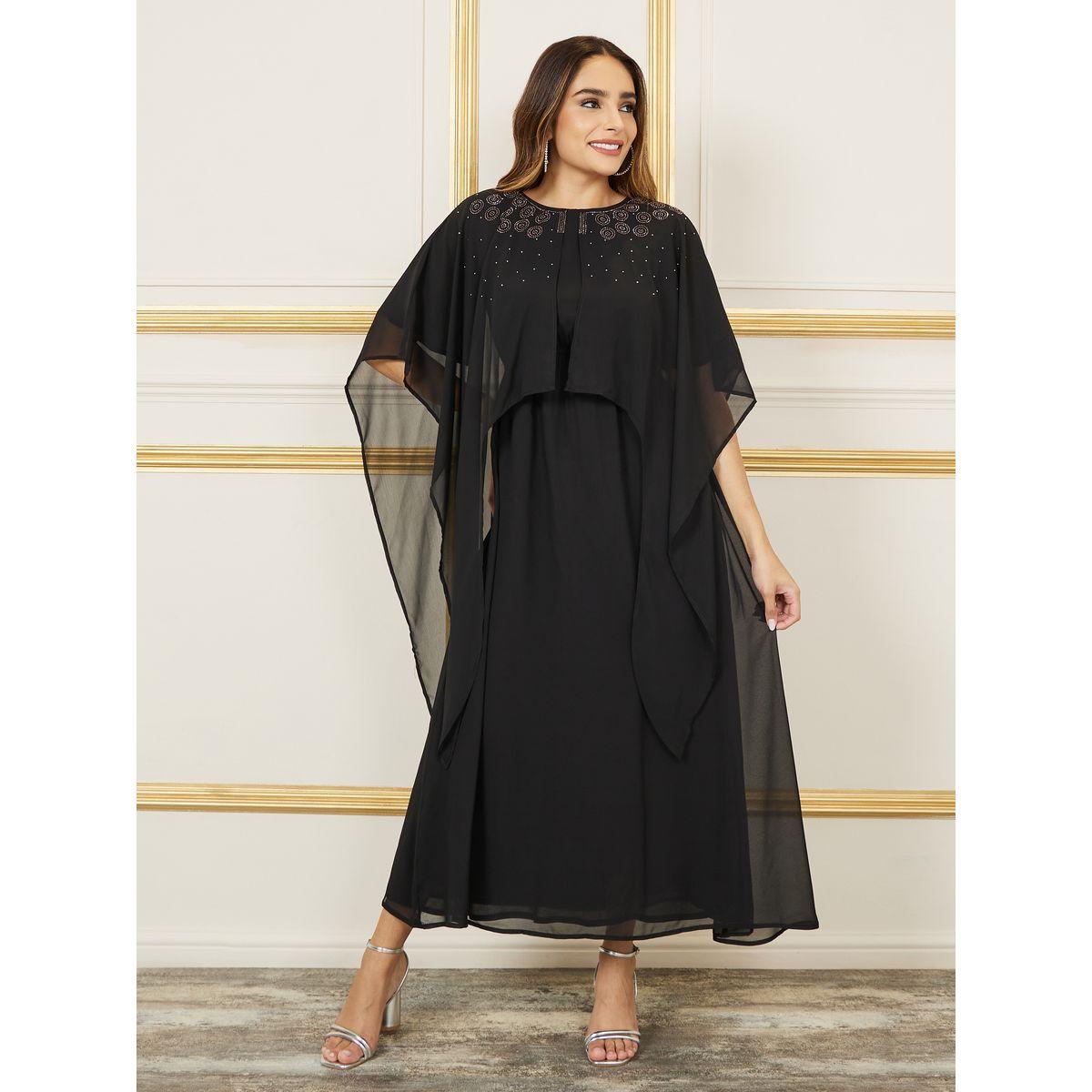 فستان طويل منمق مع اكمام كيب-women-clothing-dresses-image-1