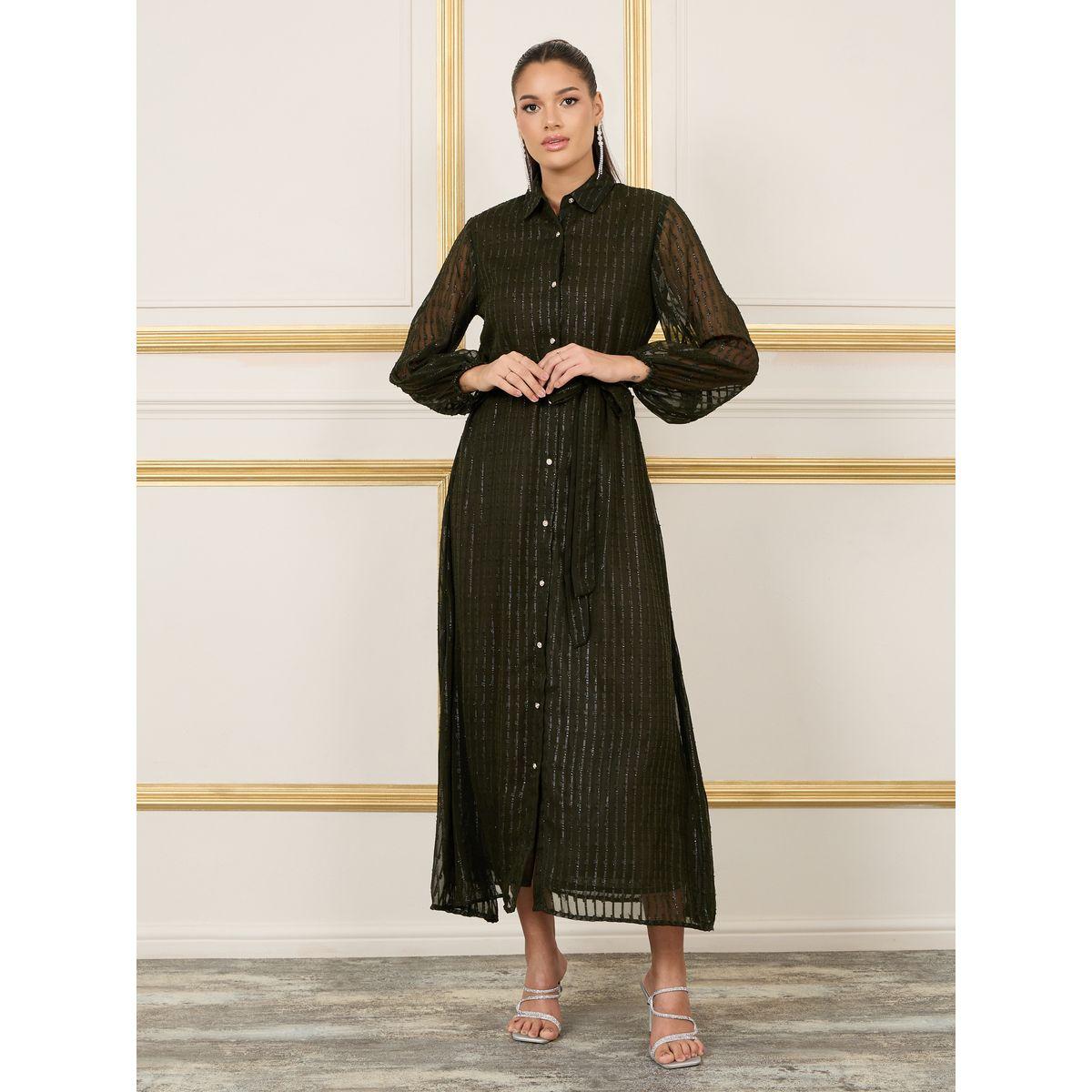 فستان طويل برباط خصر وخطوط لوريكس-women-clothing-dresses-image-1