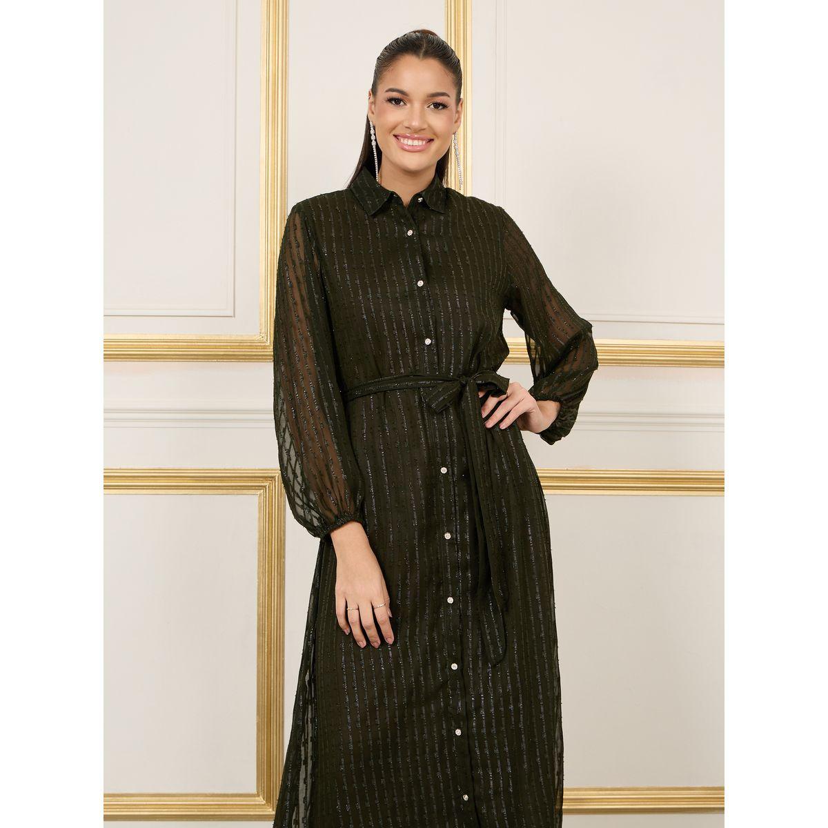 فستان طويل برباط خصر وخطوط لوريكس-women-clothing-dresses-image-2