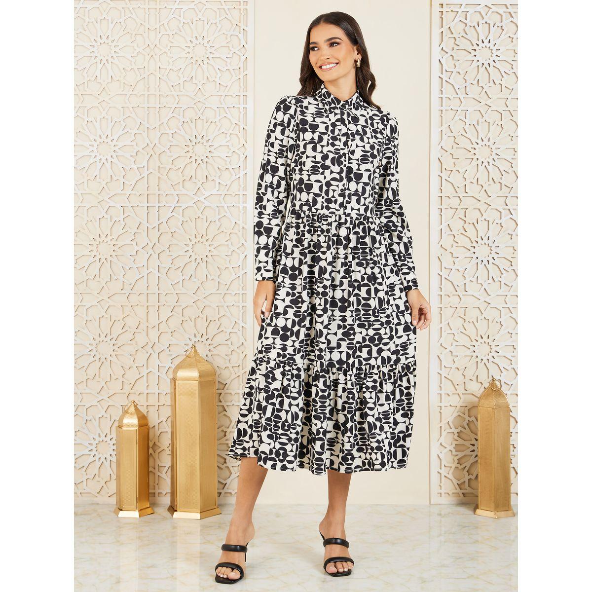 Styli Geometric Print Tiered Shirt Midi Dress-women-clothing-dresses-image-1