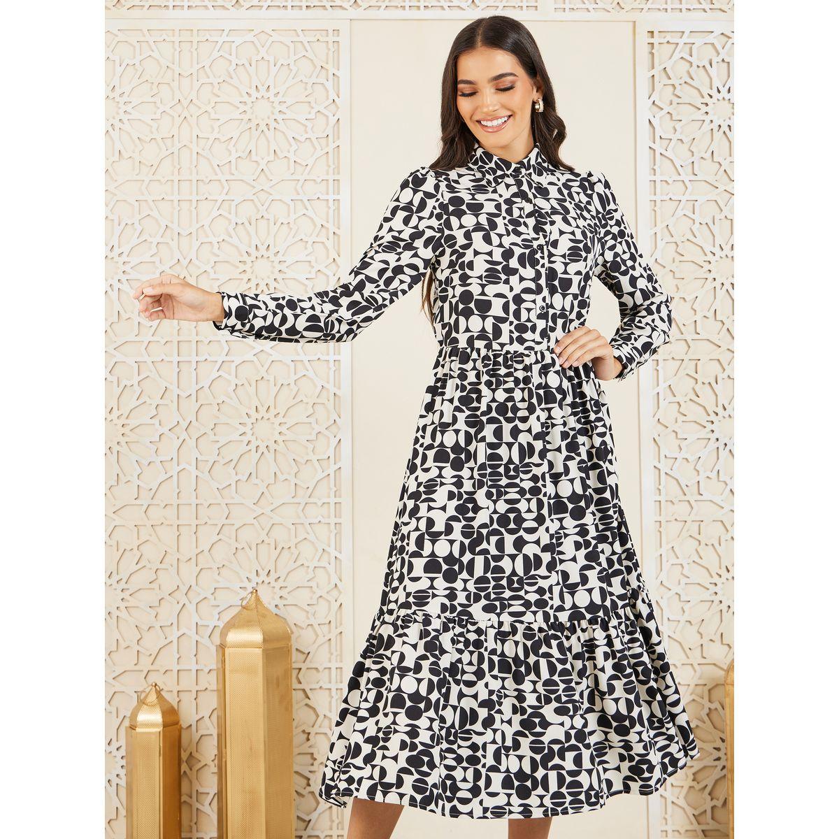 Styli Geometric Print Tiered Shirt Midi Dress-women-clothing-dresses-image-2