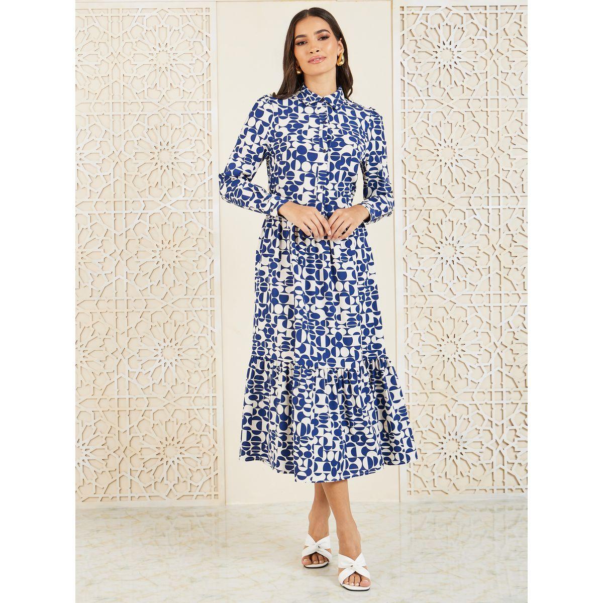 فستان ميدي بحافة واسعة وطبعة هندسية-women-clothing-dresses-image-1