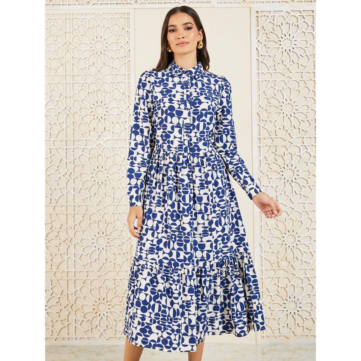 فستان ميدي بحافة واسعة وطبعة هندسية-women-clothing-dresses-image-2