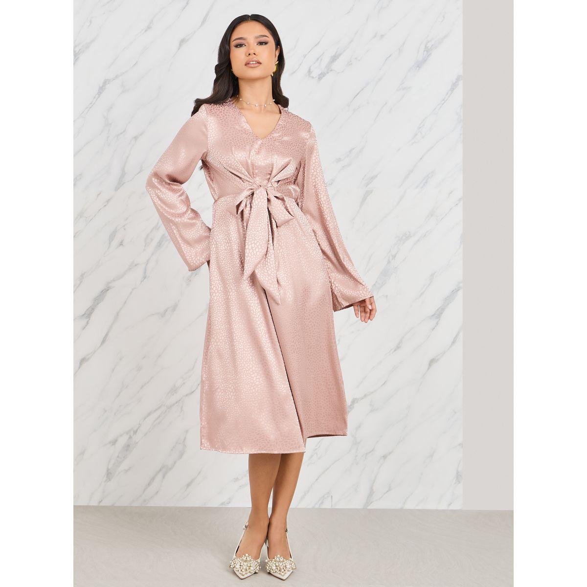 فستان ميدي ساتان بطبعة جاكارمع اربطة-women-clothing-dresses-image-1