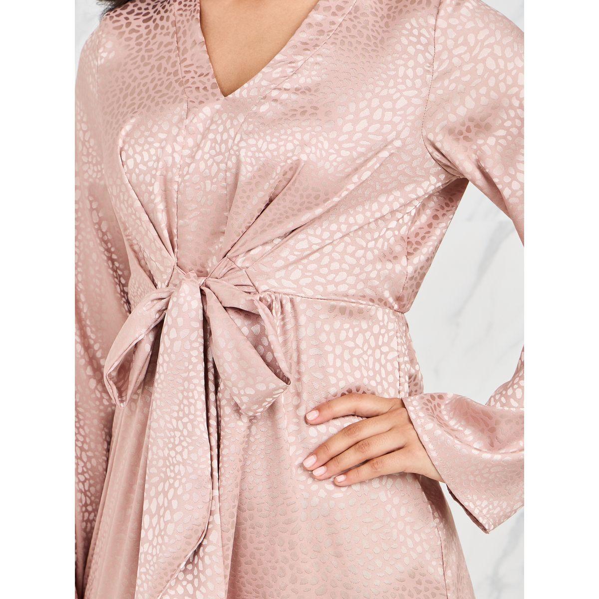 Styli Satin Jacquard Print Front Tie Up A-Line Midi Dress-women-clothing-dresses-image-3