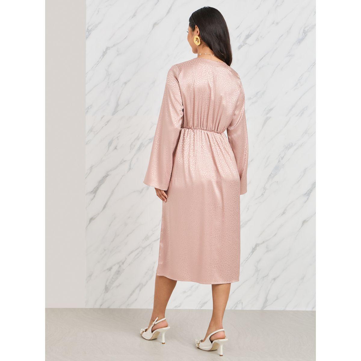Styli Satin Jacquard Print Front Tie Up A-Line Midi Dress-women-clothing-dresses-image-4