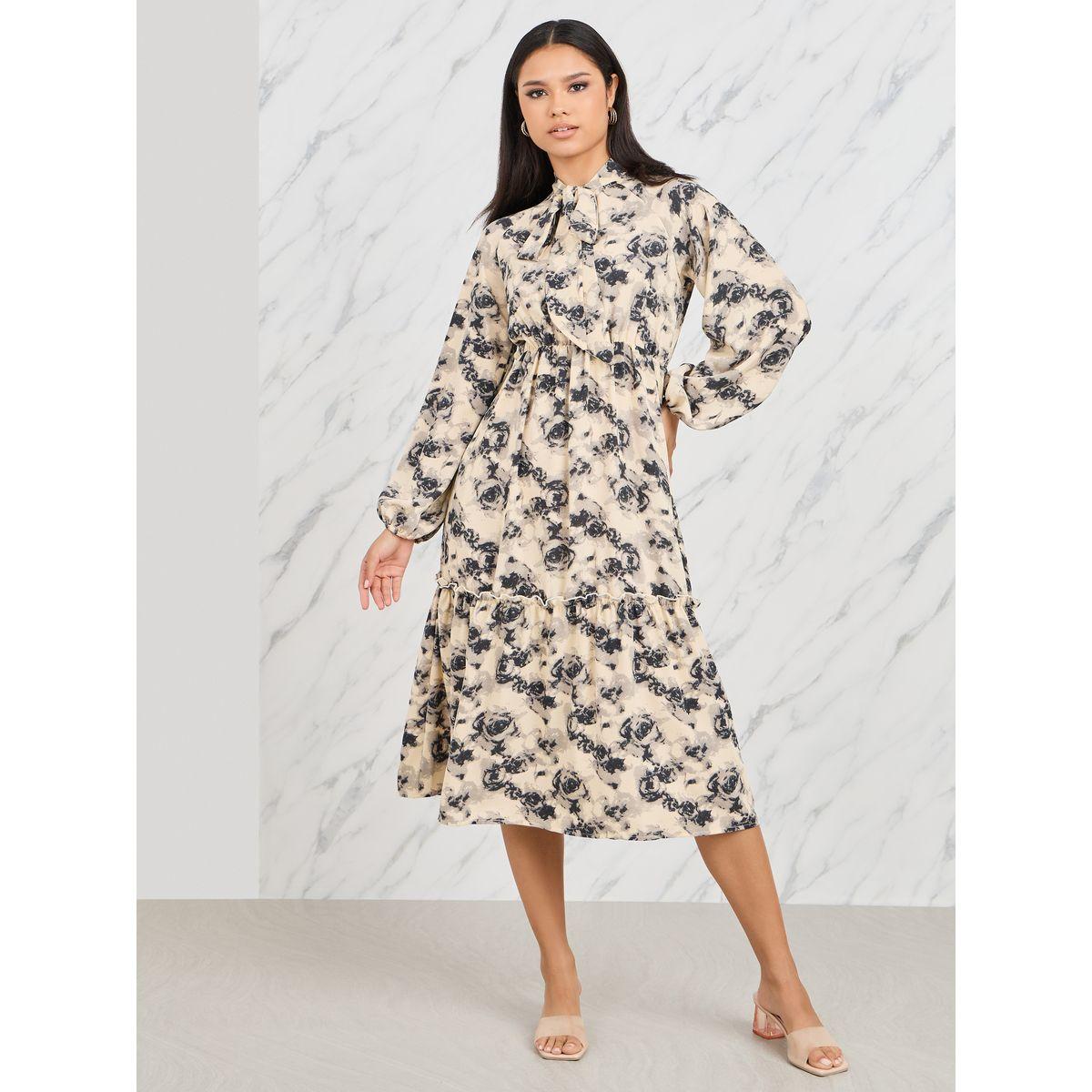 فستان ميدي بطبعة زهور وياقة بأربطة-women-clothing-dresses-image-1