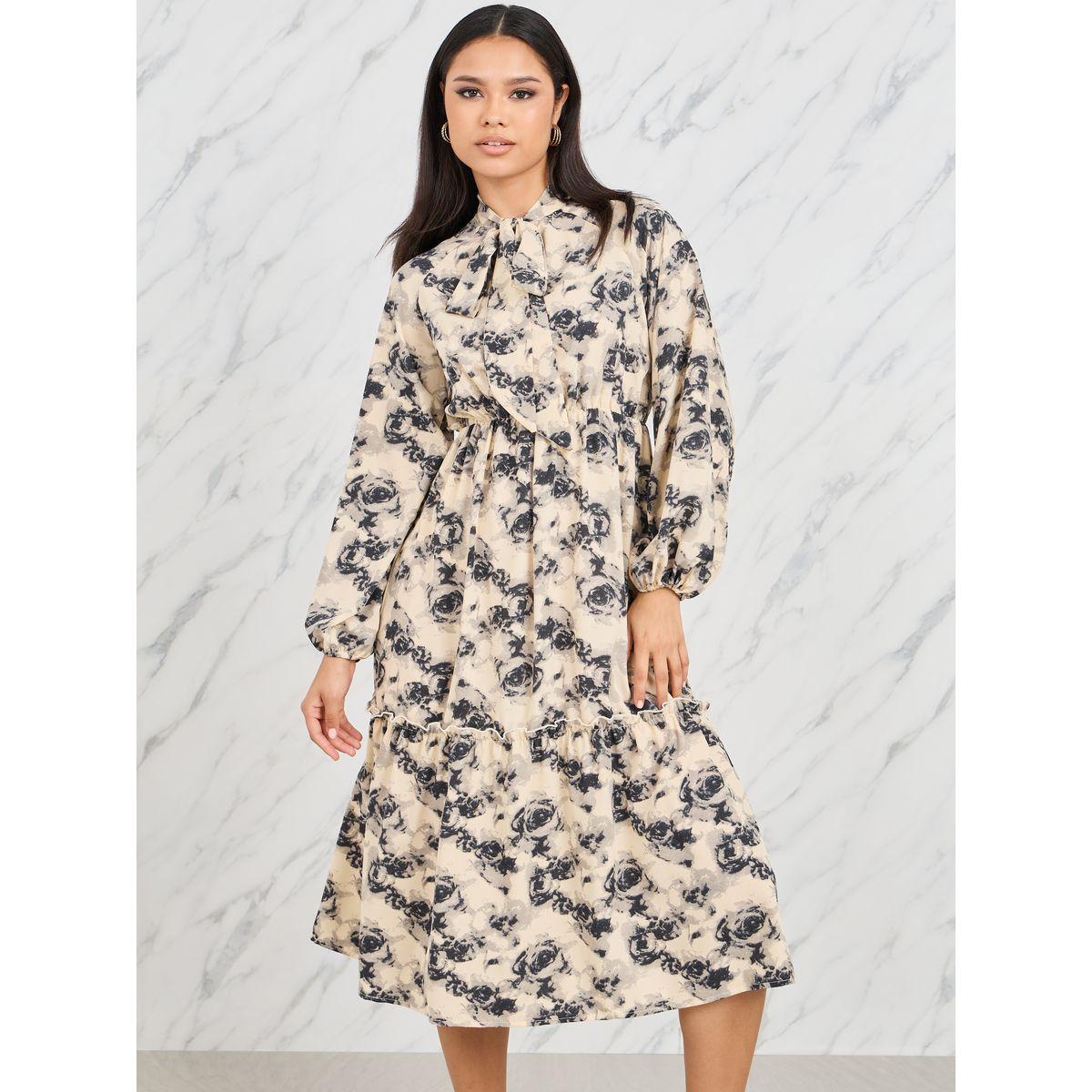 فستان ميدي بطبعة زهور وياقة بأربطة-women-clothing-dresses-image-2