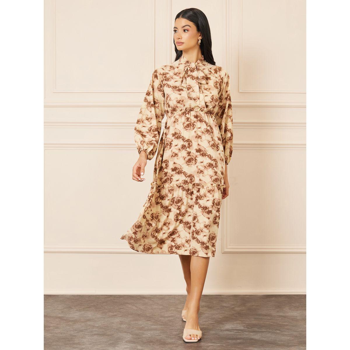 فستان ميدي مطبع بزهور مع ياقة بأربطة-women-clothing-dresses-image-1