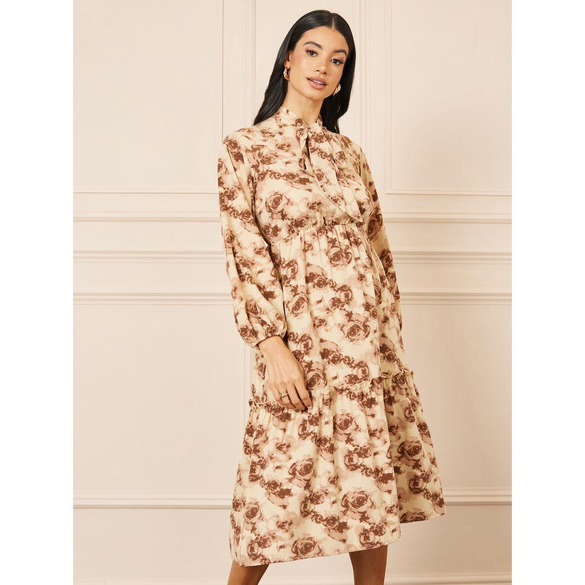 فستان ميدي مطبع بزهور مع ياقة بأربطة-women-clothing-dresses-image-2