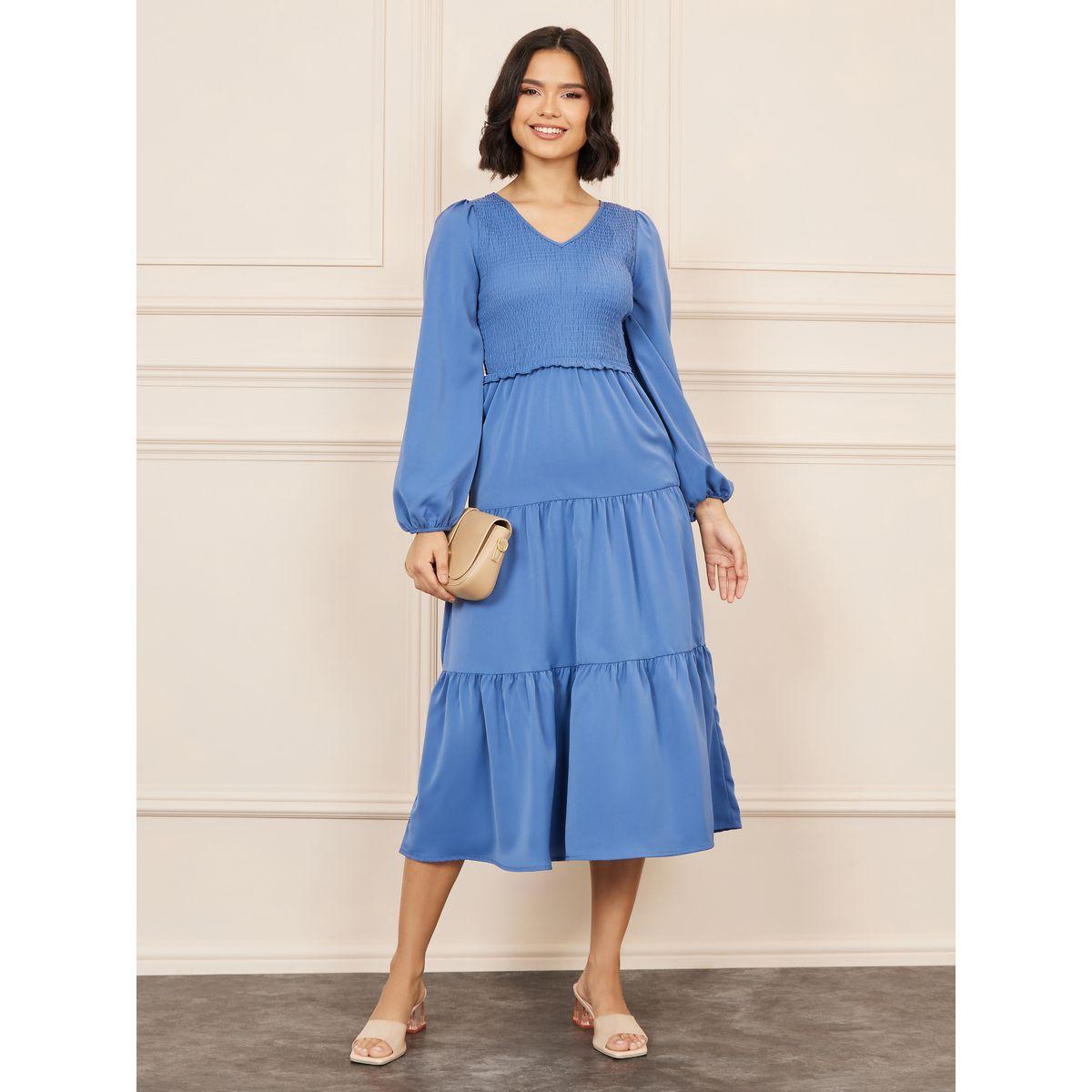 Styli Smocked Ruffle Detail Tiered Midi Dress-women-clothing-dresses-image-1