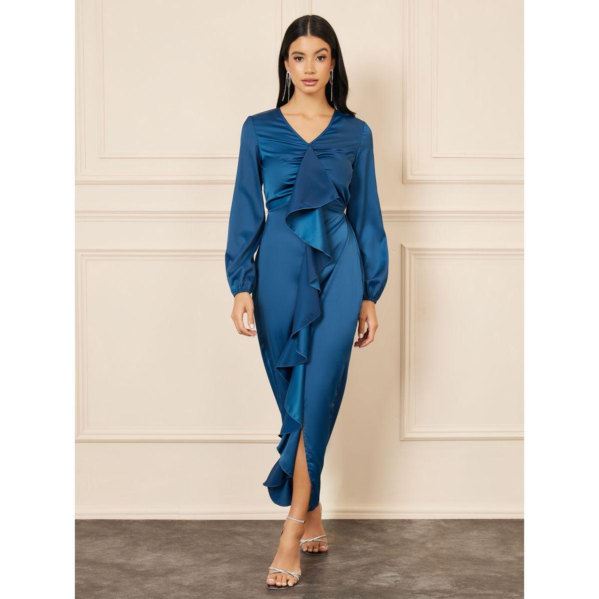 فستان ساتان ضيق طويل بتفاصيل كشكش-women-clothing-dresses-image-1