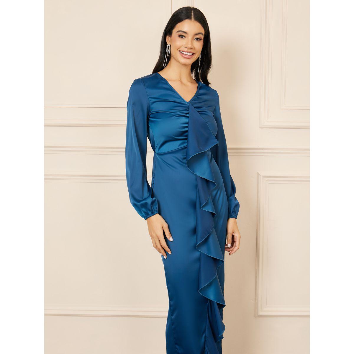 فستان ساتان ضيق طويل بتفاصيل كشكش-women-clothing-dresses-image-2
