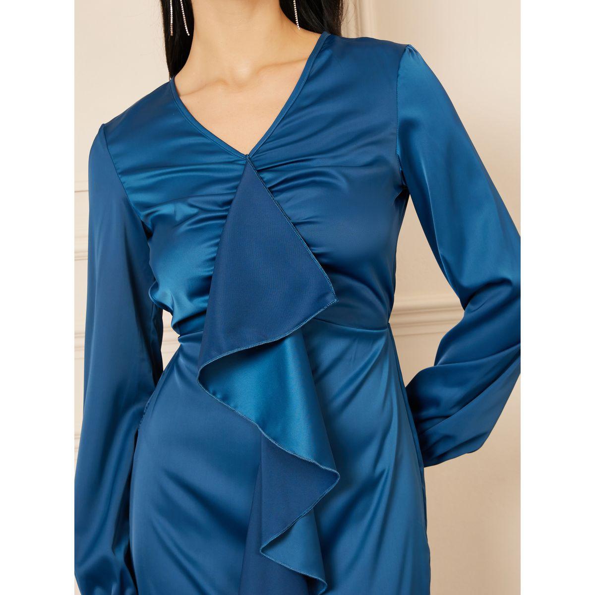 فستان ساتان ضيق طويل بتفاصيل كشكش-women-clothing-dresses-image-3