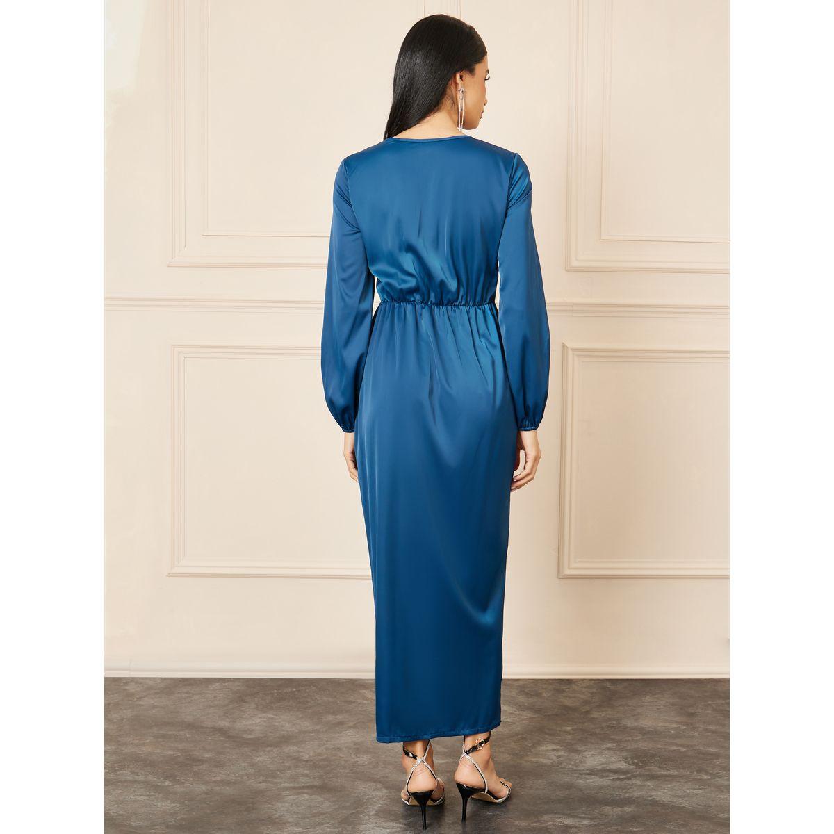 فستان ساتان ضيق طويل بتفاصيل كشكش-women-clothing-dresses-image-4