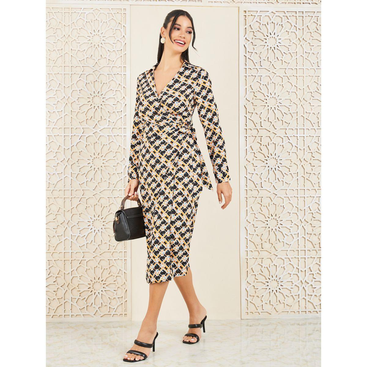 فستان ميدي بنمط لف مع رباط خصر-women-clothing-dresses-image-1