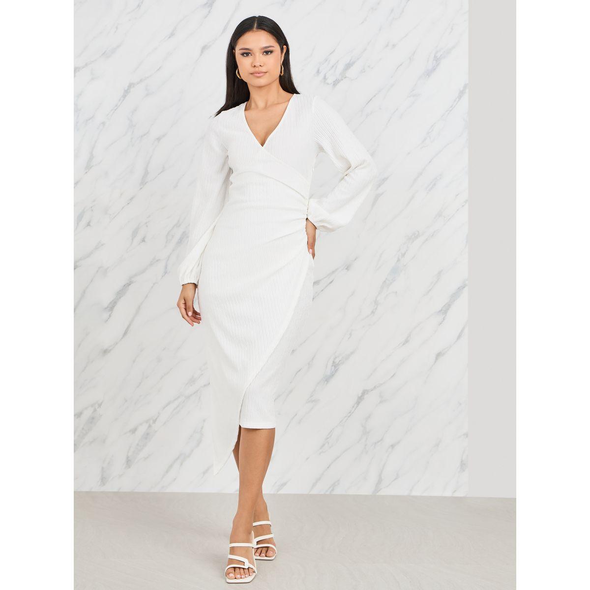 Styli Textured Bishop Sleeve Wrap Midi Dress-women-clothing-dresses-image-1