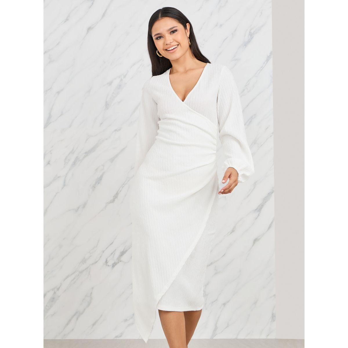 Styli Textured Bishop Sleeve Wrap Midi Dress-women-clothing-dresses-image-2