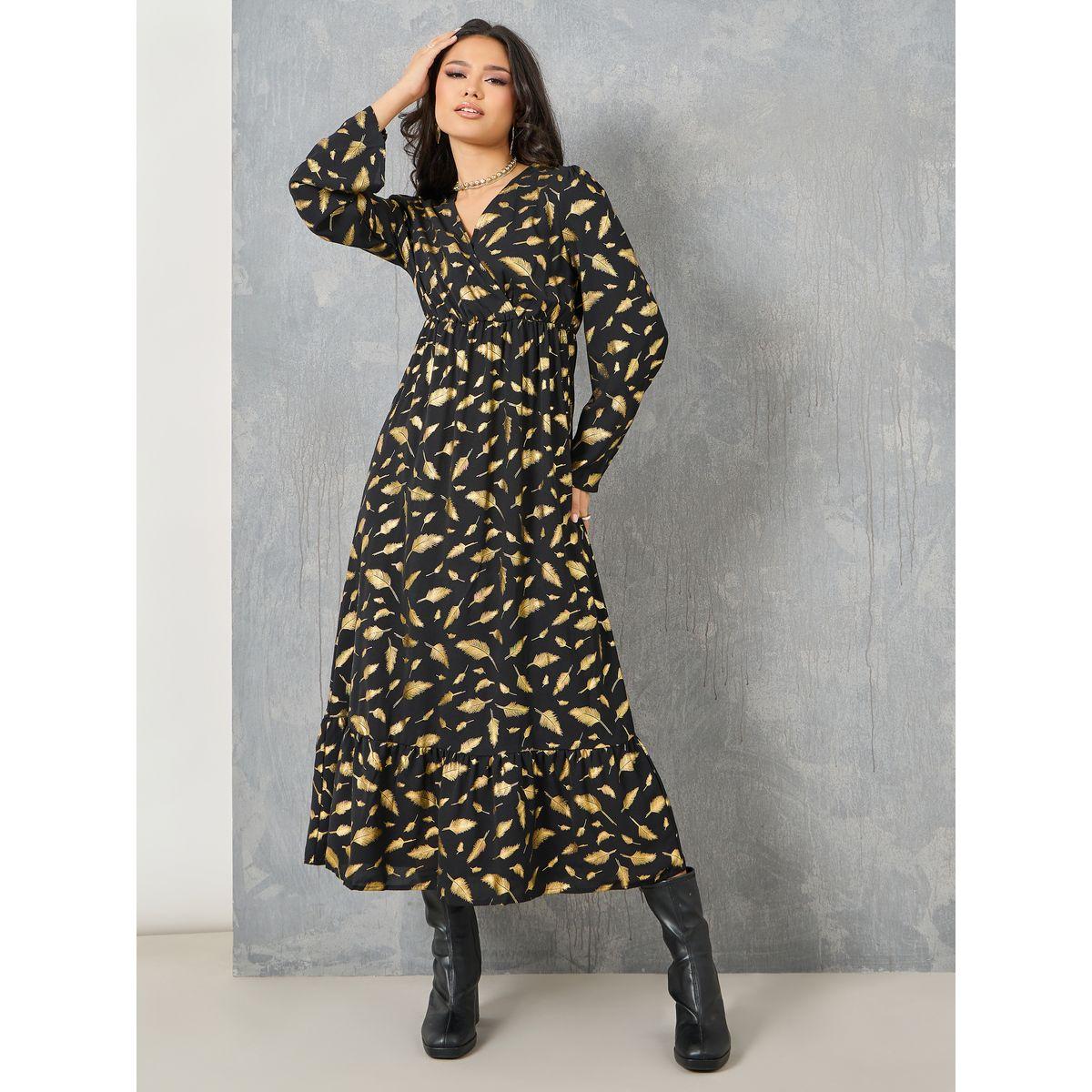 Styli Feather Foil Print V Neck A-Line Midi Dress-women-clothing-dresses-image-1