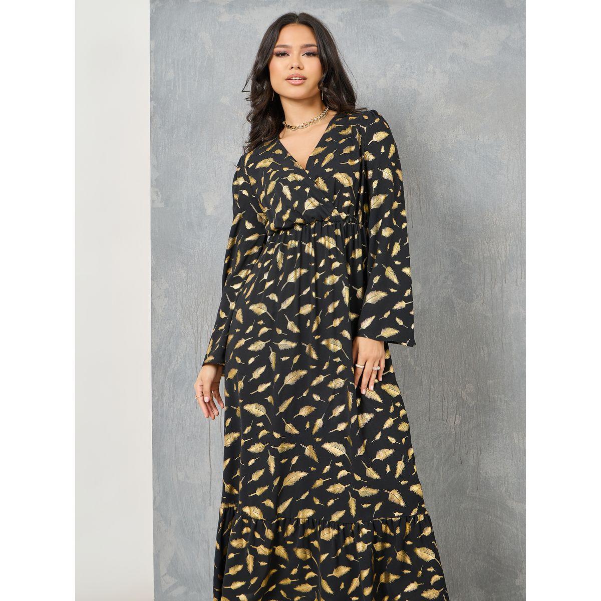Styli Feather Foil Print V Neck A-Line Midi Dress-women-clothing-dresses-image-2