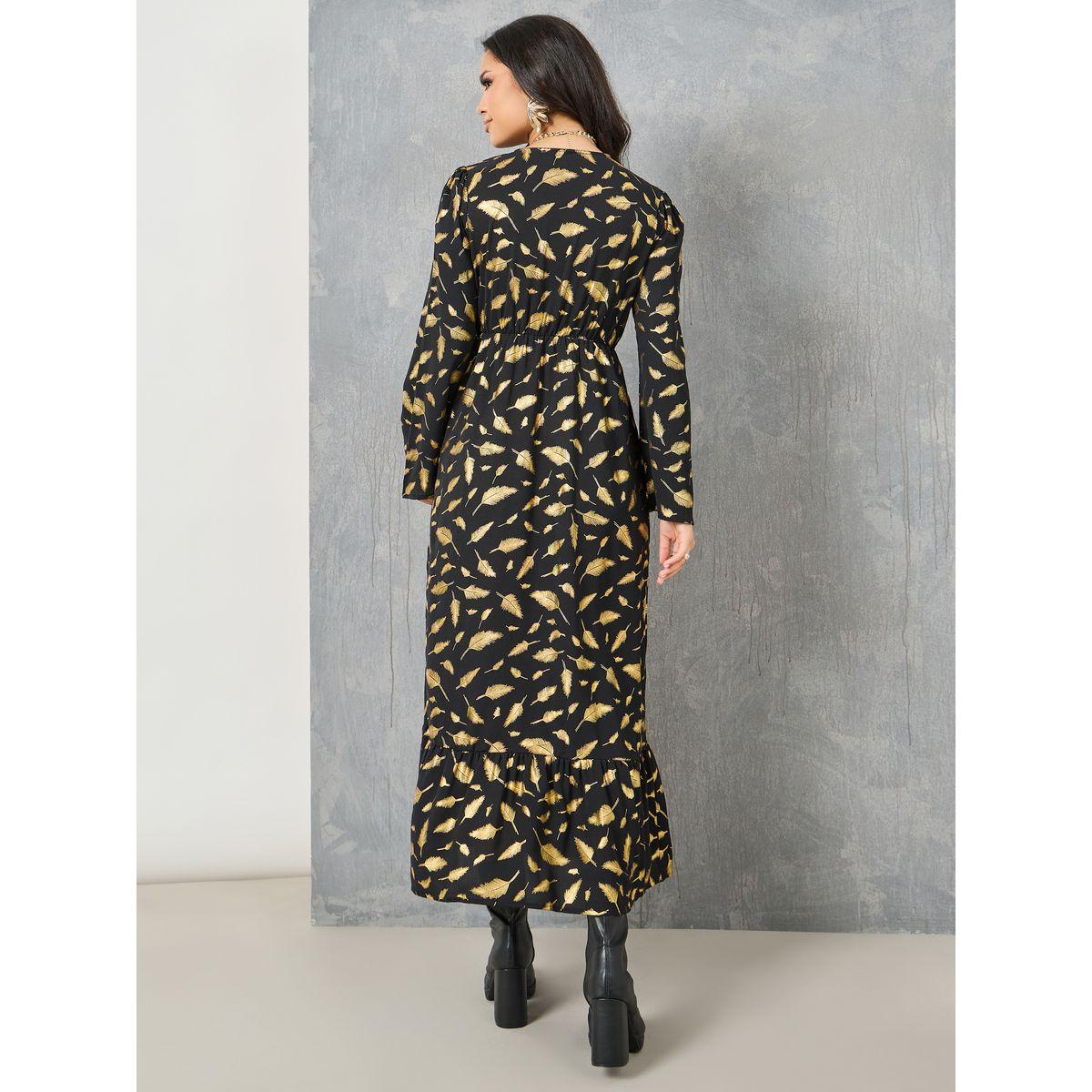 Styli Feather Foil Print V Neck A-Line Midi Dress-women-clothing-dresses-image-4