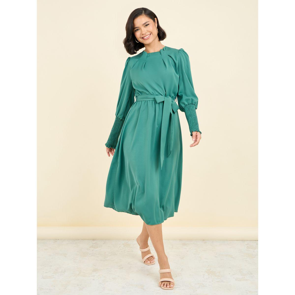 Styli Smocked Cuff Sleeves A-Line Midi Dress with Self Tie Up-women-clothing-dresses-image-1