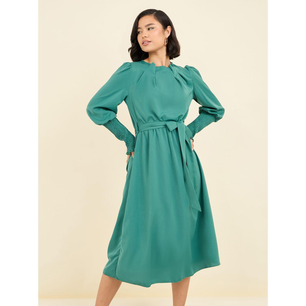 فستان ميدي برباط خصر واكمام بأساور-women-clothing-dresses-image-2