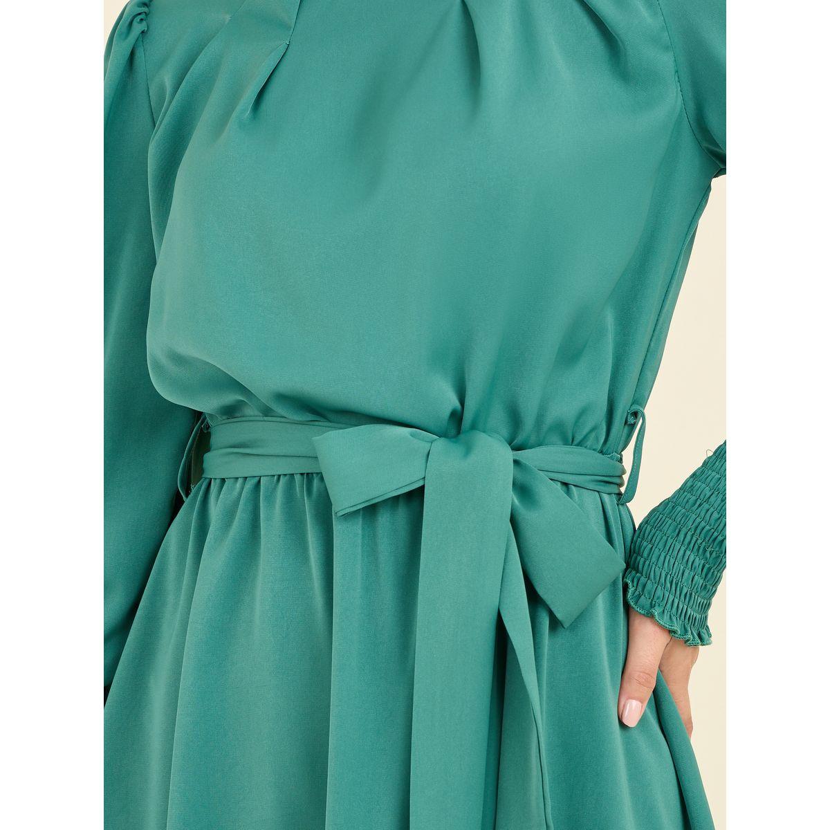 Styli Smocked Cuff Sleeves A-Line Midi Dress with Self Tie Up-women-clothing-dresses-image-3