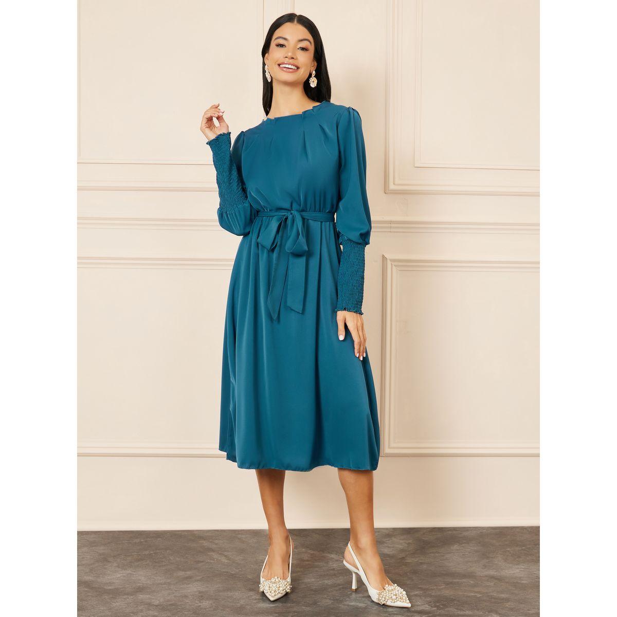 Styli Smocked Cuff Sleeves Self Tie Up A-Line Midi Dress-women-clothing-dresses-image-1
