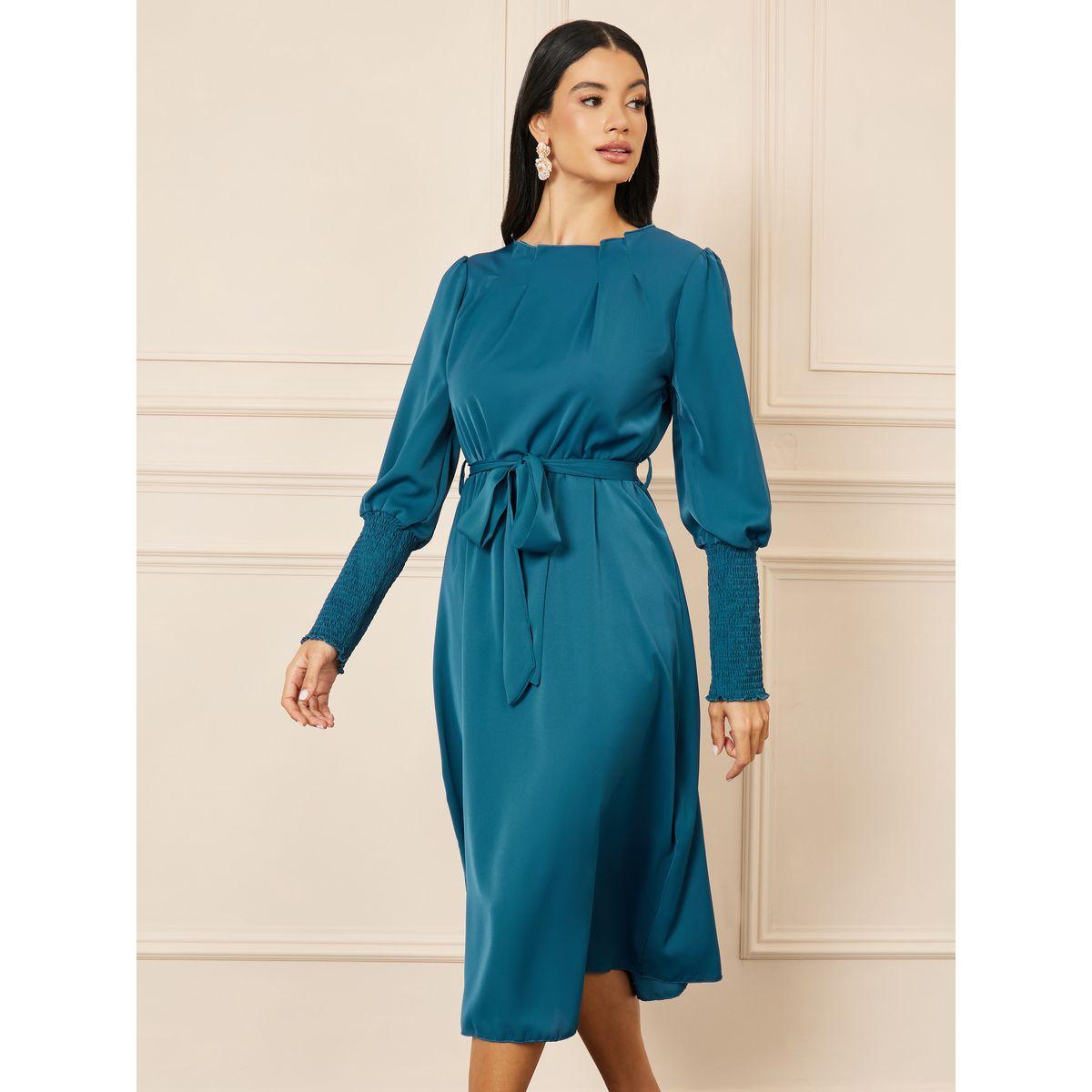 Styli Smocked Cuff Sleeves Self Tie Up A-Line Midi Dress-women-clothing-dresses-image-2