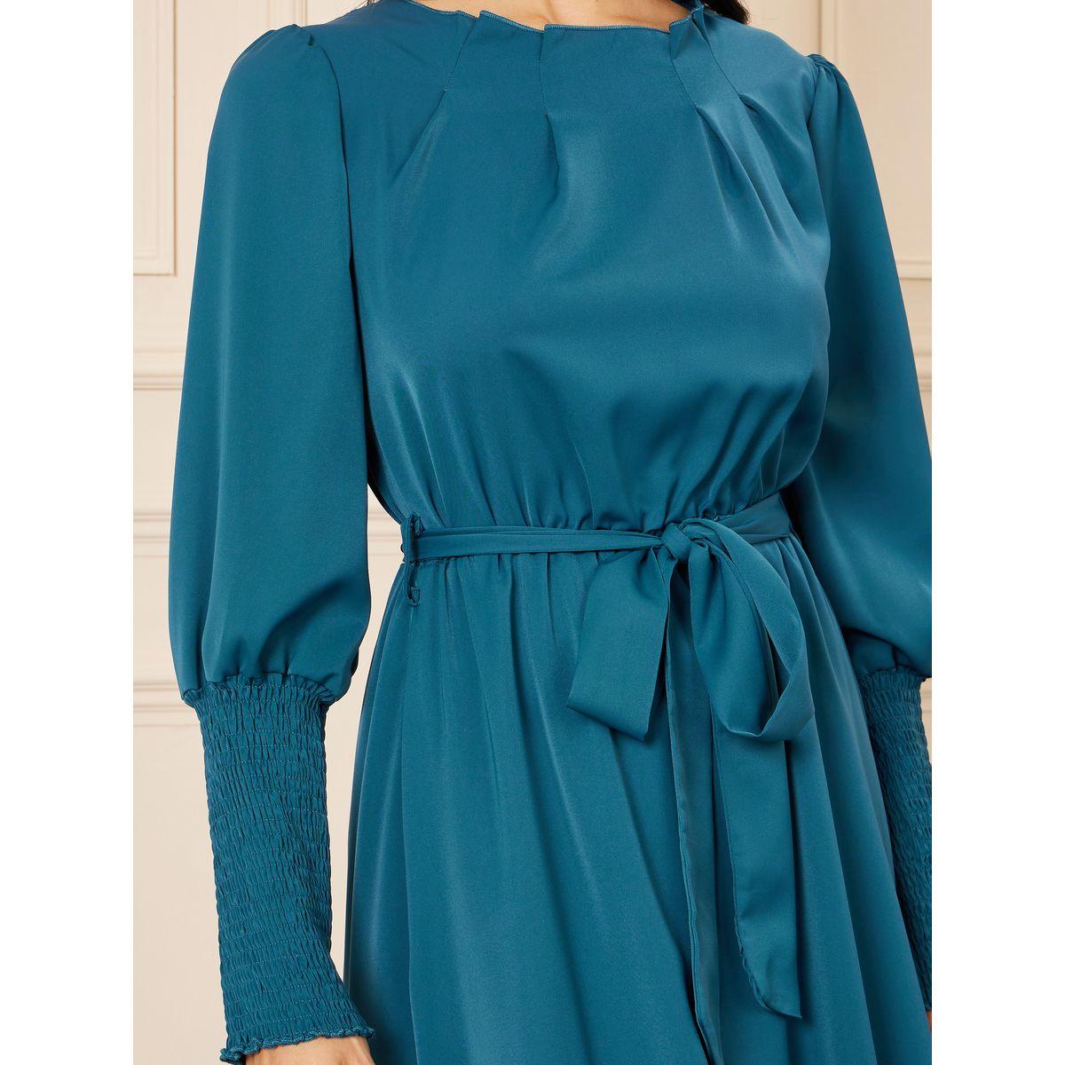 Styli Smocked Cuff Sleeves Self Tie Up A-Line Midi Dress-women-clothing-dresses-image-3