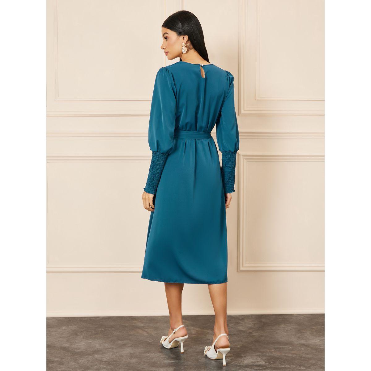 فستان ميدي باكمام مكبلة واربطة-women-clothing-dresses-image-4