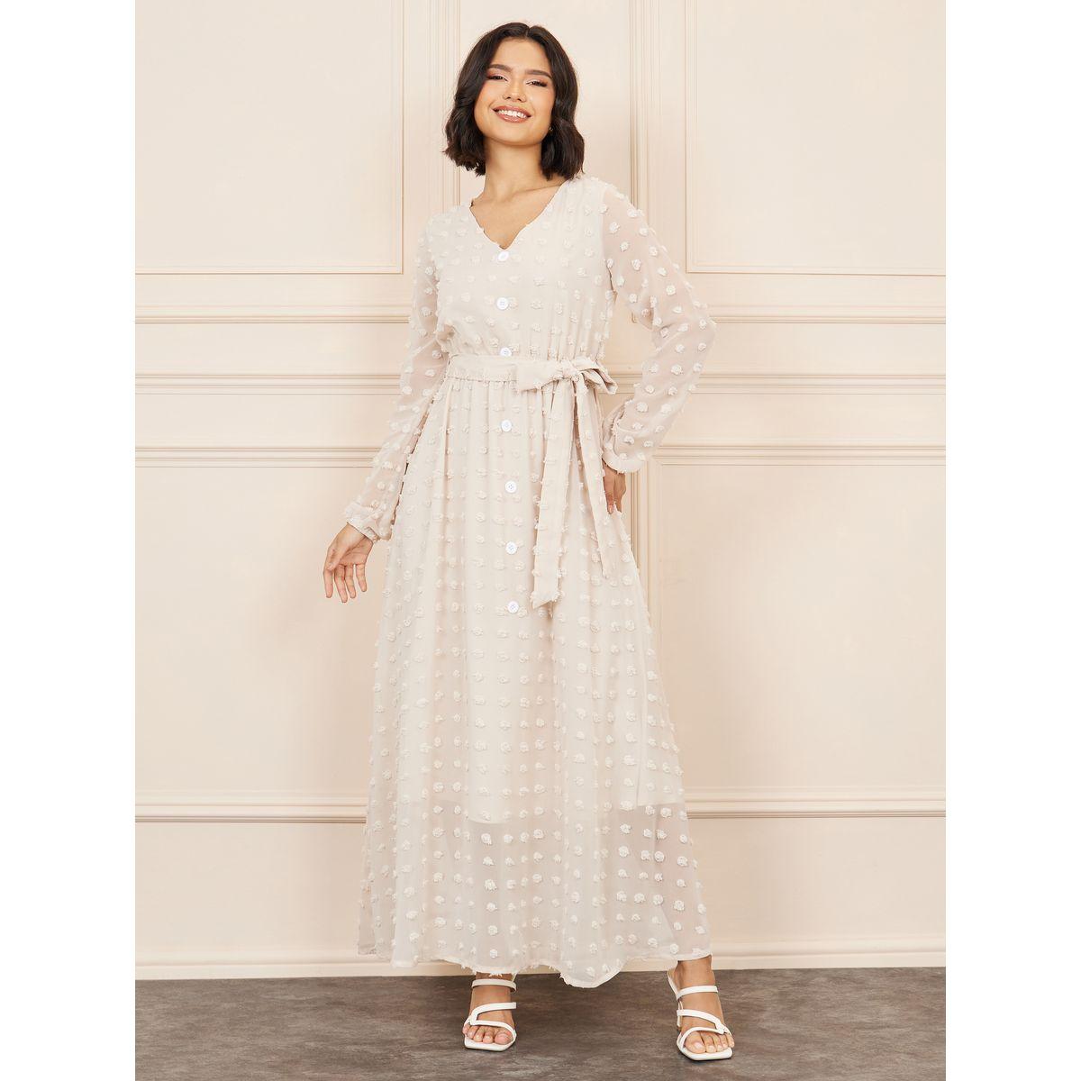 Styli Swiss Dobby Button Detail A-Line Maxi Dress with Self Tie Up-women-clothing-dresses-image-1