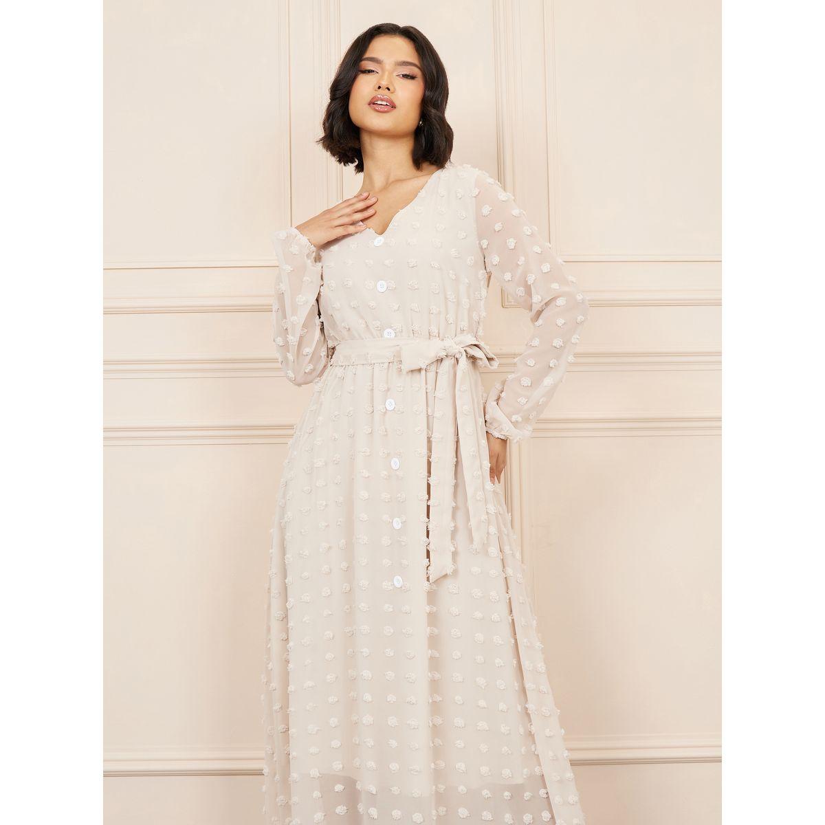 Styli Swiss Dobby Button Detail A-Line Maxi Dress with Self Tie Up-women-clothing-dresses-image-2