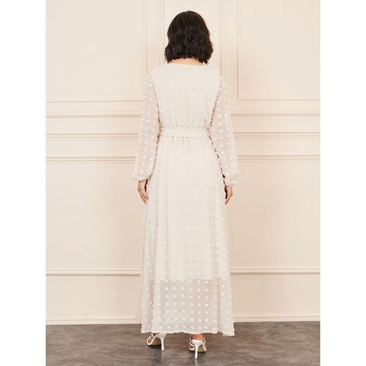 Styli Swiss Dobby Button Detail A-Line Maxi Dress with Self Tie Up-women-clothing-dresses-image-4