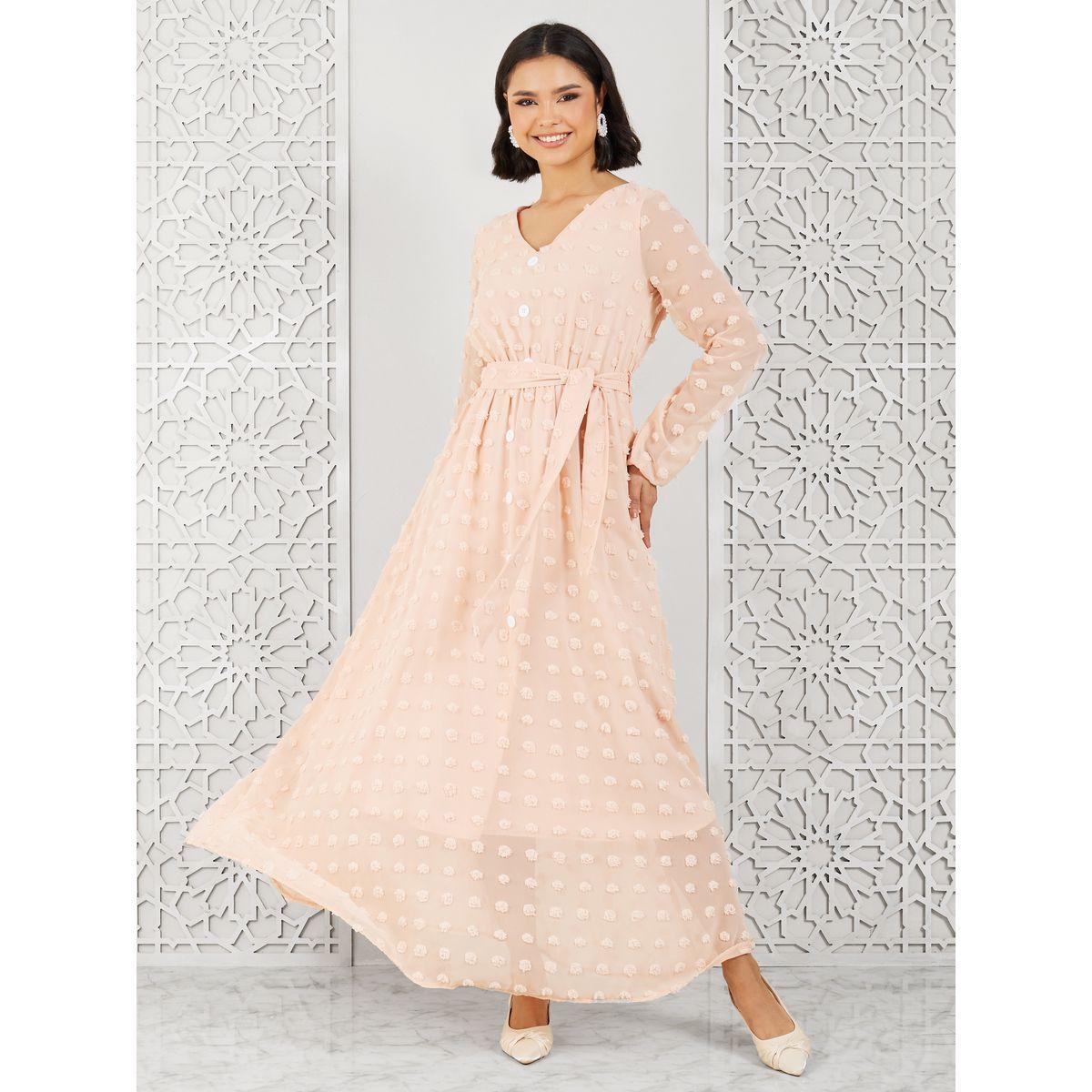 Styli Swiss Dobby Button Detail A-Line Maxi Dress with Self Tie Up-women-clothing-dresses-image-1
